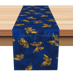 Lofaris Spring Garden Table Runner with Royal Blue Leaves and Yellow Butterflies for Botanical Dining Decor
