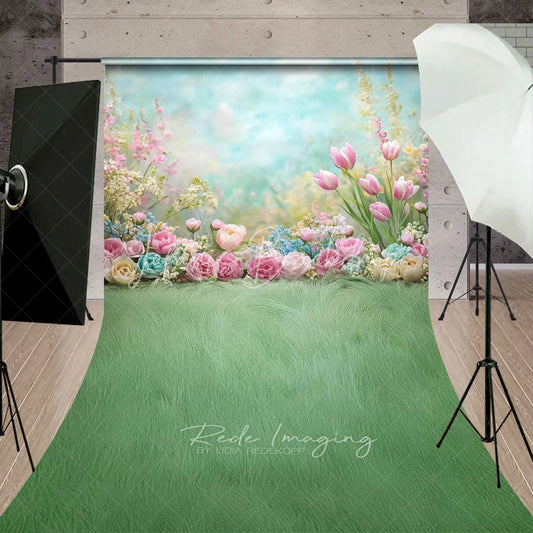 Lofaris Spring Garden Tulips Backdrop Pastel Pink Flowers and Green Grass Meadow Floral Baby Shower Background