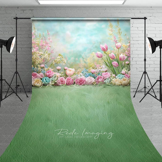 Lofaris Spring Garden Tulips Backdrop Pastel Pink Flowers and Green Grass Meadow Floral Baby Shower Background