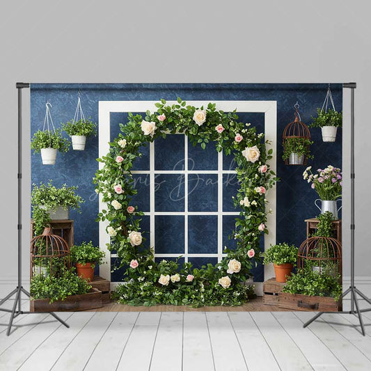 Lofaris Spring Garden Window Backdrop White Frame with Rose and Greenery Wreath Elegant Studio Photography Photo Prop