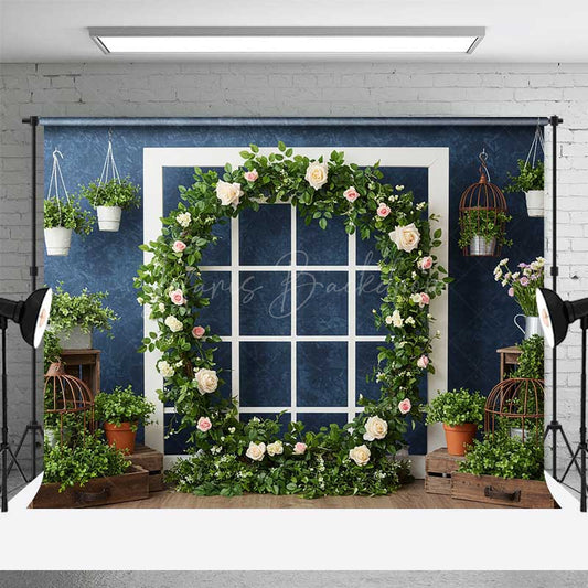 Lofaris Spring Garden Window Backdrop White Frame with Rose and Greenery Wreath Elegant Studio Photography Photo Prop