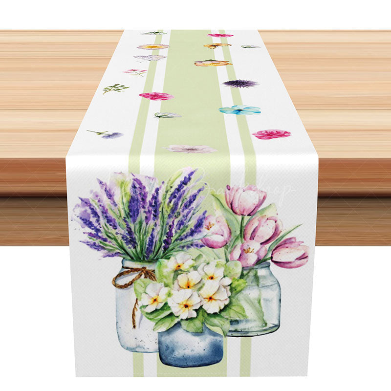 Lofaris Spring Green Stripe Table Runner with a Floral Vase Design Fresh Botanical Decor Modern Farmhouse Kitchen