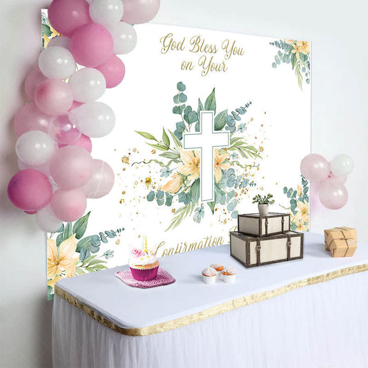 Lofaris Spring Greenery Floral Cross Confirmation Day Backdrop