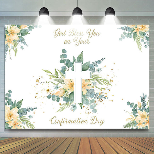 Lofaris Spring Greenery Floral Cross Confirmation Day Backdrop