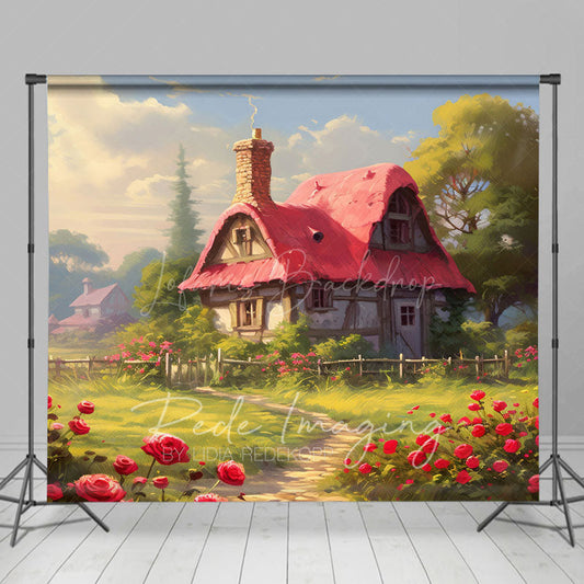Lofaris Spring Greenery Red Rose Cabin Garden Photo Backdrop