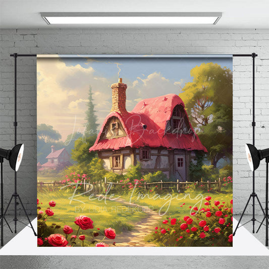 Lofaris Spring Greenery Red Rose Cabin Garden Photo Backdrop