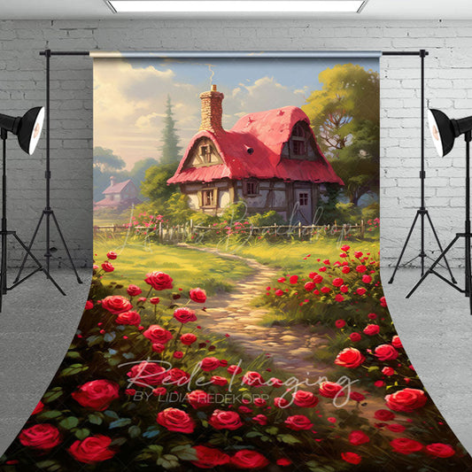 Lofaris Spring Greenery Red Rose Cabin Garden Sweep Backdrop