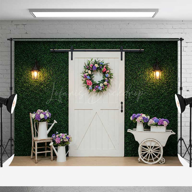 Lofaris Spring Greenery Wall Backdrop White Farmhouse Barn Door with Wreath Rustic Garden Themed Photography Prop