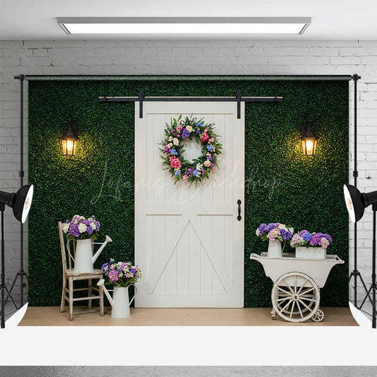 Lofaris Spring Greenery Wall Backdrop White Farmhouse Barn Door with Wreath Rustic Garden Themed Photography Prop