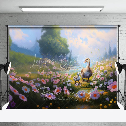 Lofaris Spring Lake Photography Backdrop Cute Swans and Pink Daisy Flowers Grassy Bank Background for Kids Portraits
