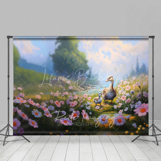 Lofaris Spring Lake Photography Backdrop Cute Swans and Pink Daisy Flowers Grassy Bank Background for Kids Portraits