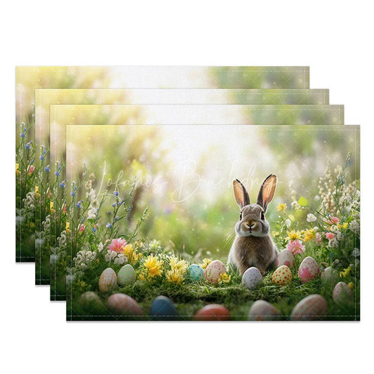 Lofaris Spring Meadow Bunny Set of 4 Placemats Rabbit with Eggs Soft Bokeh Easter Holiday Table Mats