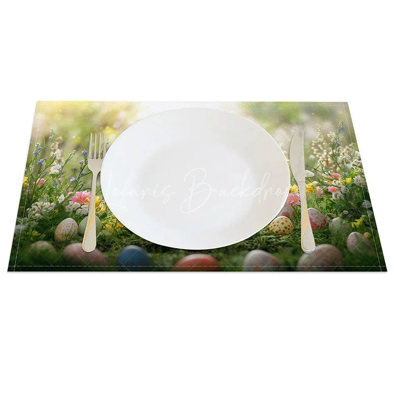 Lofaris Spring Meadow Bunny Set of 4 Placemats Rabbit with Eggs Soft Bokeh Easter Holiday Table Mats