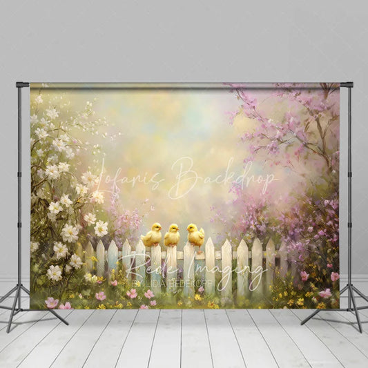 Lofaris Spring Photography Backdrop Cute Yellow Chicks on White Picket Fence Pink Floral Blossoms Kids Portrait Background