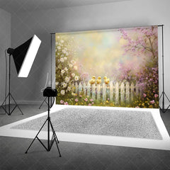 Lofaris Spring Photography Backdrop Cute Yellow Chicks on White Picket Fence Pink Floral Blossoms Kids Portrait Background