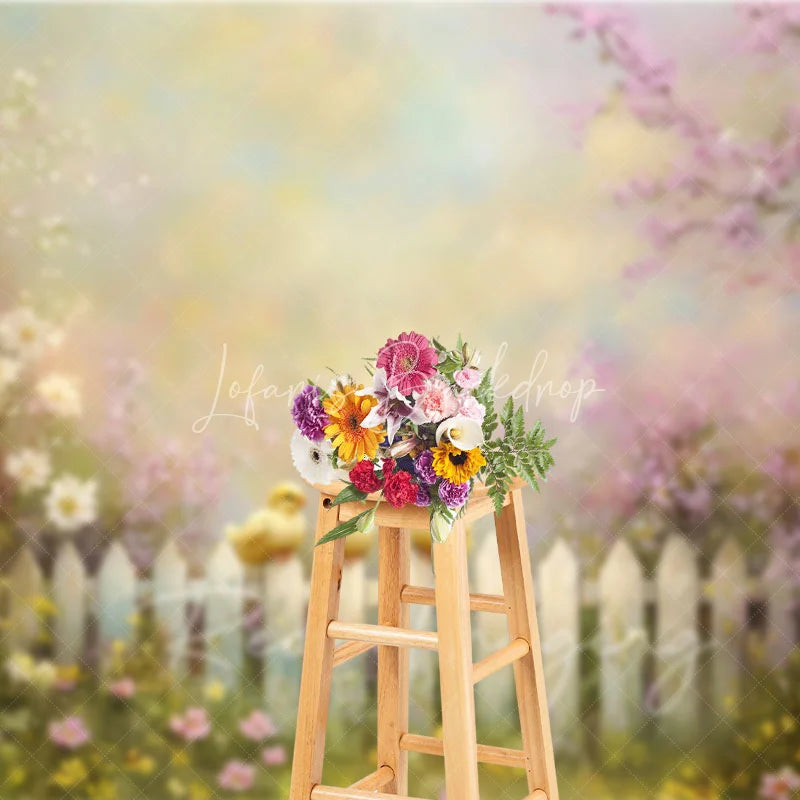 Lofaris Spring Photography Backdrop Cute Yellow Chicks on White Picket Fence Pink Floral Blossoms Kids Portrait Background