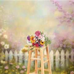 Lofaris Spring Photography Backdrop Cute Yellow Chicks on White Picket Fence Pink Floral Blossoms Kids Portrait Background