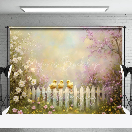 Lofaris Spring Photography Backdrop Cute Yellow Chicks on White Picket Fence Pink Floral Blossoms Kids Portrait Background