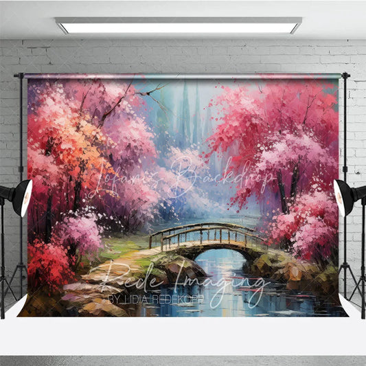 Lofaris Spring Pink Blossom Bridge Fine Art Backdrop Painted River Landscape Studio Background