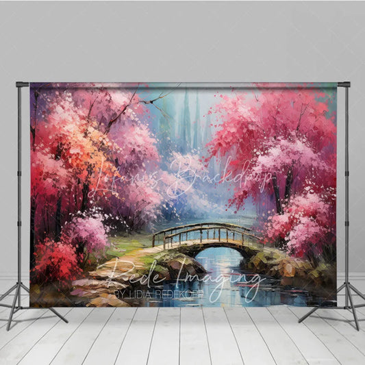 Lofaris Spring Pink Blossom Bridge Fine Art Backdrop Painted River Landscape Studio Background