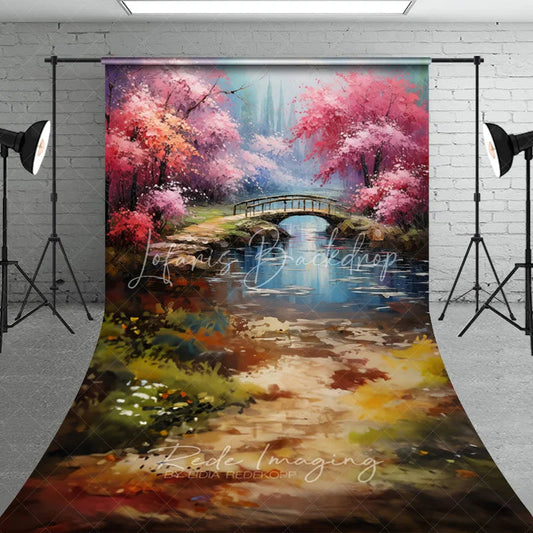 Lofaris Spring Pink Blossom Bridge Fine Art Backdrop Painted River Landscape Sweep Portrait Studio Background