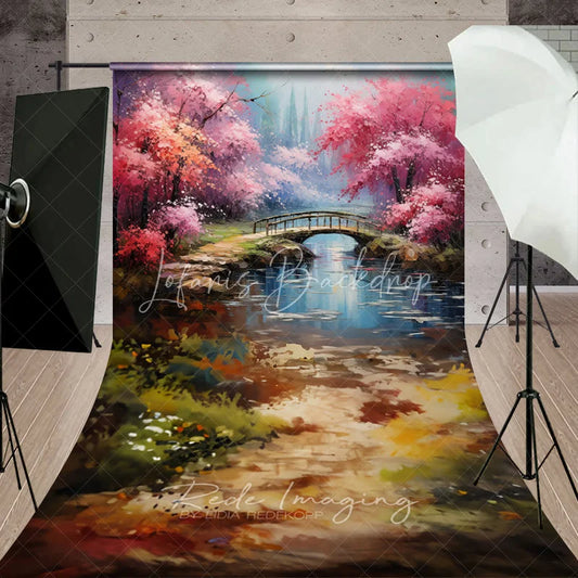 Lofaris Spring Pink Blossom Bridge Fine Art Backdrop Painted River Landscape Sweep Portrait Studio Background