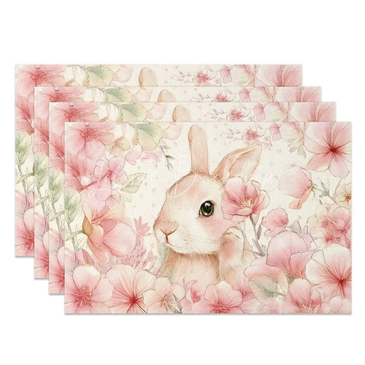 Lofaris Spring Pink Floral Set of 4 Placemats Cute Easter Bunny Blossom Table Mats for Kitchen Dining