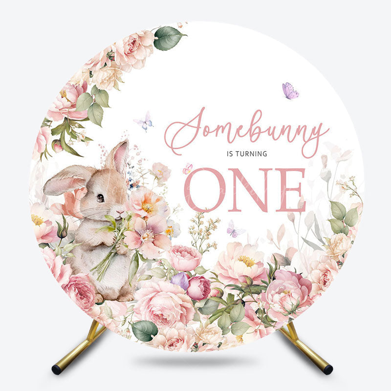 Lofaris Spring Pink Floral Somebunny Is One Round Backdrop