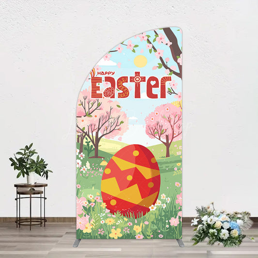 Lofaris Spring Pink Tree Field Happy Easter Half Moon Arch Backdrop