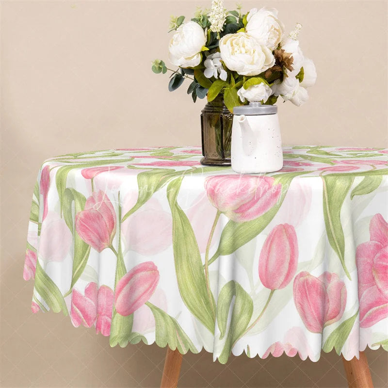 Lofaris Spring Pink Tulip Round Tablecloth Watercolor Floral Flower Garden Table Cover for Easter