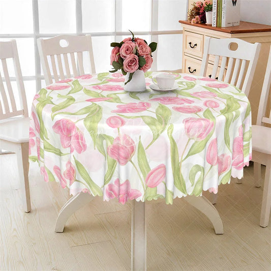 Lofaris Spring Pink Tulip Round Tablecloth Watercolor Floral Flower Garden Table Cover for Easter