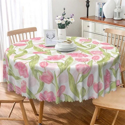 Lofaris Spring Pink Tulip Round Tablecloth Watercolor Floral Flower Garden Table Cover for Easter