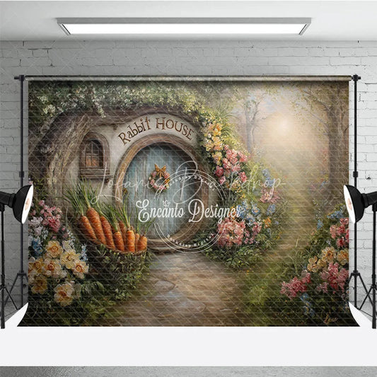 Lofaris Spring Rabbit House Easter Photography Backdrop Garden Flowers and Carrot Basket Studio Background