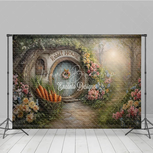 Lofaris Spring Rabbit House Easter Photography Backdrop Garden Flowers and Carrot Basket Studio Background