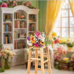 Lofaris Spring Reading Nook Photo Studio Backdrop Vintage Library with Pink and Yellow Roses Romantic Floral Background