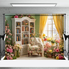 Lofaris Spring Reading Nook Photography Backdrop Vintage Library with Pink and Yellow Roses Romantic Floral Background