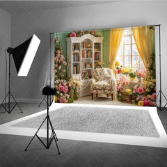 Lofaris Spring Reading Nook Photography Backdrop Vintage Library with Pink and Yellow Roses Romantic Floral Background