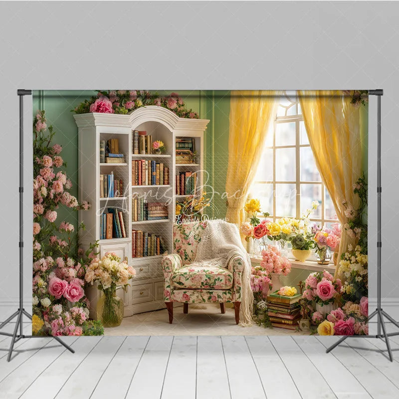 Lofaris Spring Reading Nook Photography Backdrop Vintage Library with Pink and Yellow Roses Romantic Floral Background