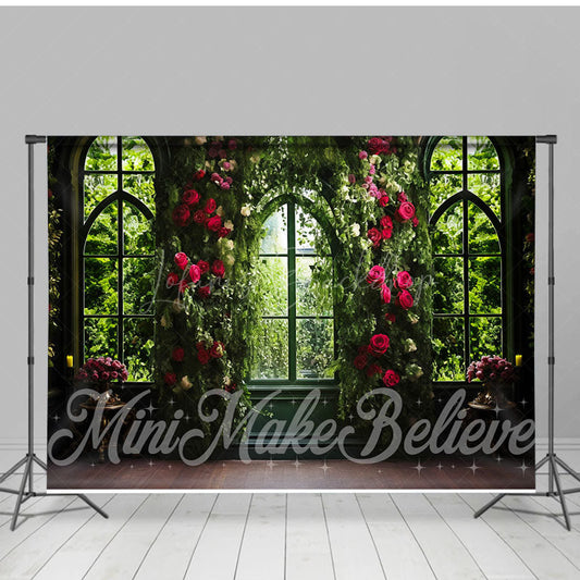 Lofaris Spring Red Floral Greenery Window Combo Set Backdrop