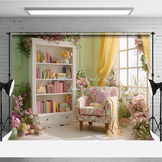 Lofaris Spring Room Interior Backdrop Floral Armchair Bookcase Background Sage Green Wall Photography Studio Props