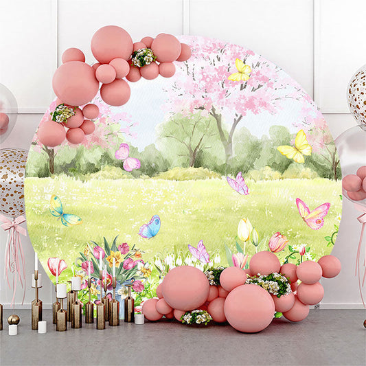 Lofaris Spring Scenery Trees Floral Butterfly Round Backdrop