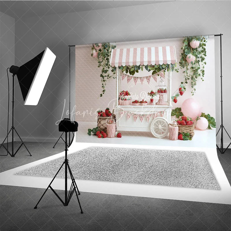 Lofaris Spring Strawberry Stand Photography Backdrop Pink Striped Cart Summer Fruit Mini Session Photo Background