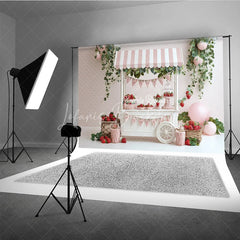 Lofaris Spring Strawberry Stand Photography Backdrop Pink Striped Cart Summer Fruit Mini Session Photo Background