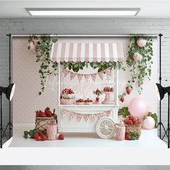 Lofaris Spring Strawberry Stand Photography Backdrop Pink Striped Cart Summer Fruit Mini Session Photo Background