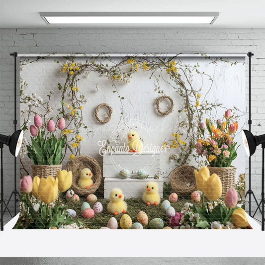 Lofaris Spring Tulips Eggs Chicks Vine Easter Backdrop