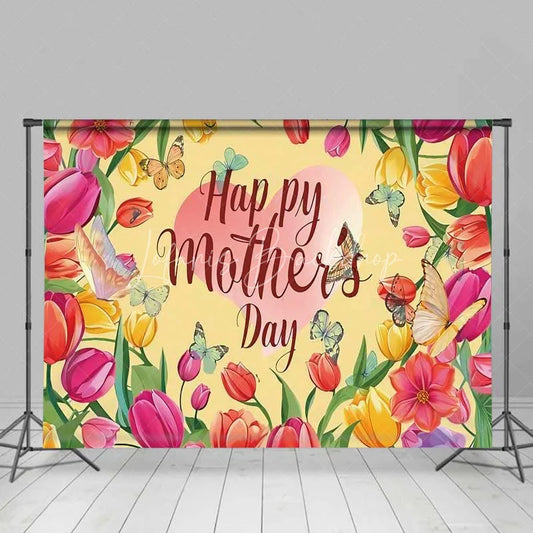 Lofaris Spring Tulips Happy Mothers Day Backdrop Colorful Floral and Pink Heart Background Garden Theme Party Decorations