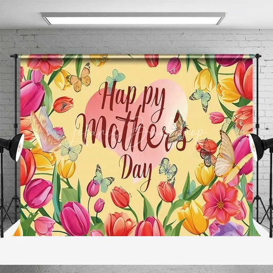 Lofaris Spring Tulips Happy Mothers Day Backdrop Colorful Floral and Pink Heart Background Garden Theme Party Decorations