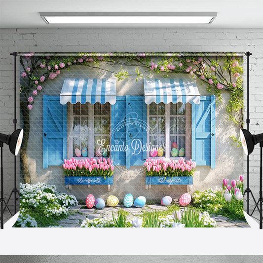 Lofaris Spring Vibe Blue Window Tulip Eggs Easter Backdrop