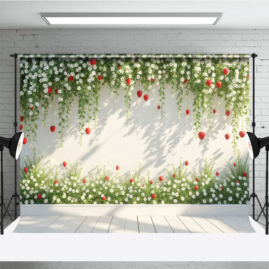 Lofaris Spring Vibe Green Strawberry Wall Photo Backdrop