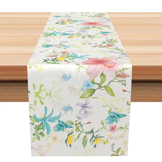 Lofaris Spring Watercolor Floral Table Runner Colorful Hummingbird and Flower Print Bright Garden Party Decor